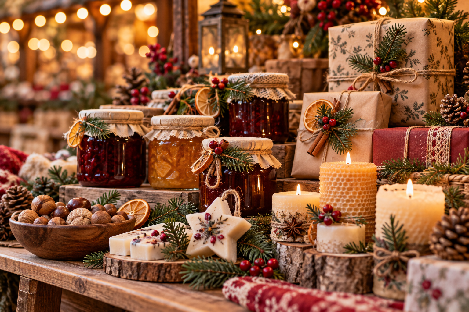 Festive artisan display with preserves, candles and wrapped gifts
