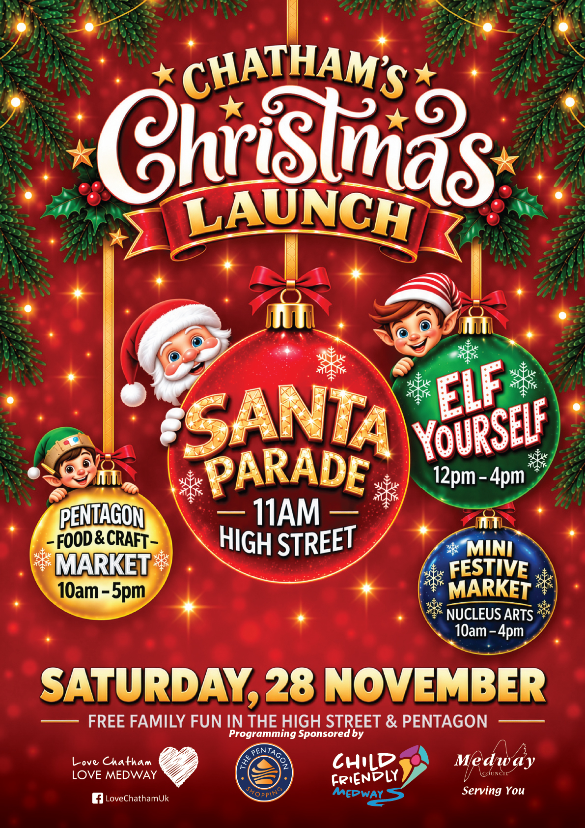 Chatham’s Christmas Launch campaign poster, with Santa, elves and sparkling Christmas baubles. Event details are listed below.